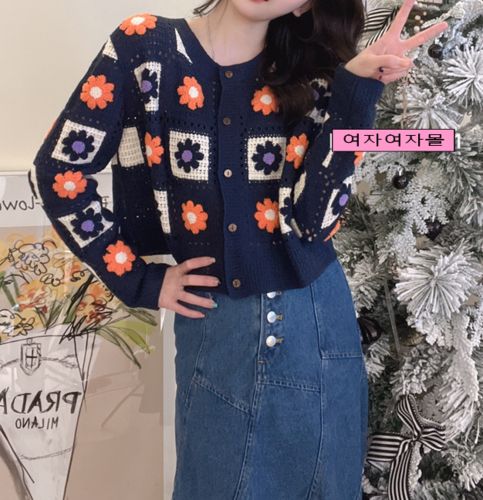 에스닉 스퀘어 문양자수 뜨게가디건 플라워 숏가디건 유니크 - 상세 이미지 5
