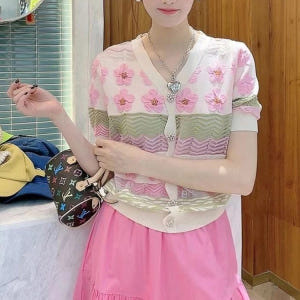 여자여자몰 얇음시원원사 쥬얼리단추 비비드색상 여름반팔니트 플라워진주부착 착용 후기 | 사이즈/핏 총정리 - 상품 이미지 2