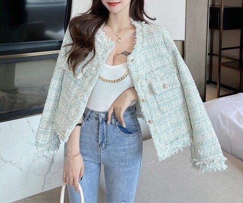 파스텔 펄원사 체크 봄 트위드재킷 간절기 여성자켓 데일리 출근룩 이미지 2