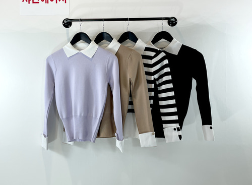 여자여자몰 카라배색 포인트소매 긴팔니트티 간절기 슬림핏 골프티 가을겨울