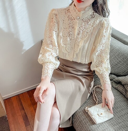 여자여자몰 우아한 셀럽블라우스 레이스자수 차이나넥 진주단추 여신코튼블라우스 이미지 8