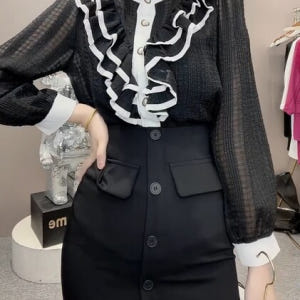 여자여자몰 유러피안룩 격식블라우스 브이벨벳프릴 엔틱셔링 가을시스루블라우스... 착용 후기 | 사이즈/핏 총정리 - 상품 이미지 2