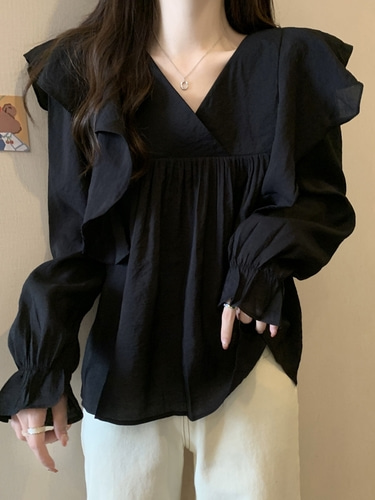 여자여자몰 랩브이넥 양프릴 a라인봄블라우스 간절기 긴팔블라우스 이미지 4