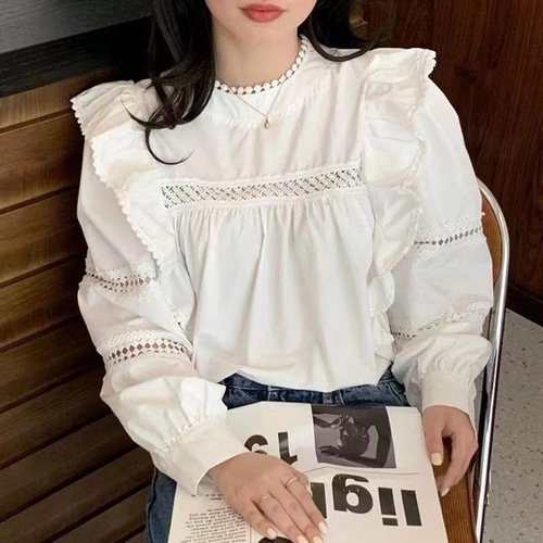 여자여자몰 우아한 엔틱 양어깨프릴셔링블라우스 펀칭 간절기 가을긴팔면블라우스 이미지