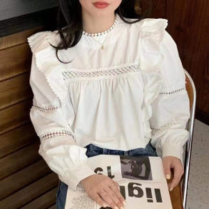 여자여자몰 우아한 엔틱 양어깨프릴셔링블라우스 펀칭 간절기 가을긴팔면블라우... 착용 후기 | 사이즈/핏 총정리 - 상품 이미지 1