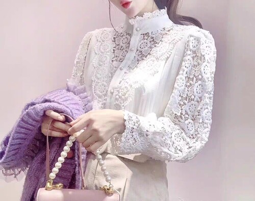 여자여자몰 우아한 셀럽블라우스 레이스자수 차이나넥 진주단추 여신코튼블라우스 - 상세 이미지 2