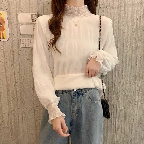 기모안감 레이스하이넥 블라우스 세로주름 쉬폰소매 따뜻한 겨울이너 여성 데일리룩 제품 이미지