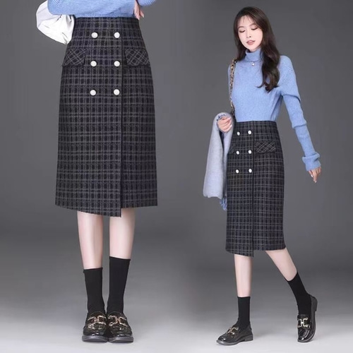 여자여자몰 언발슬림핏치마 어른하이웨스트 트위드 h라인니트스커트 겨울용 정장미디스커트 이미지 3