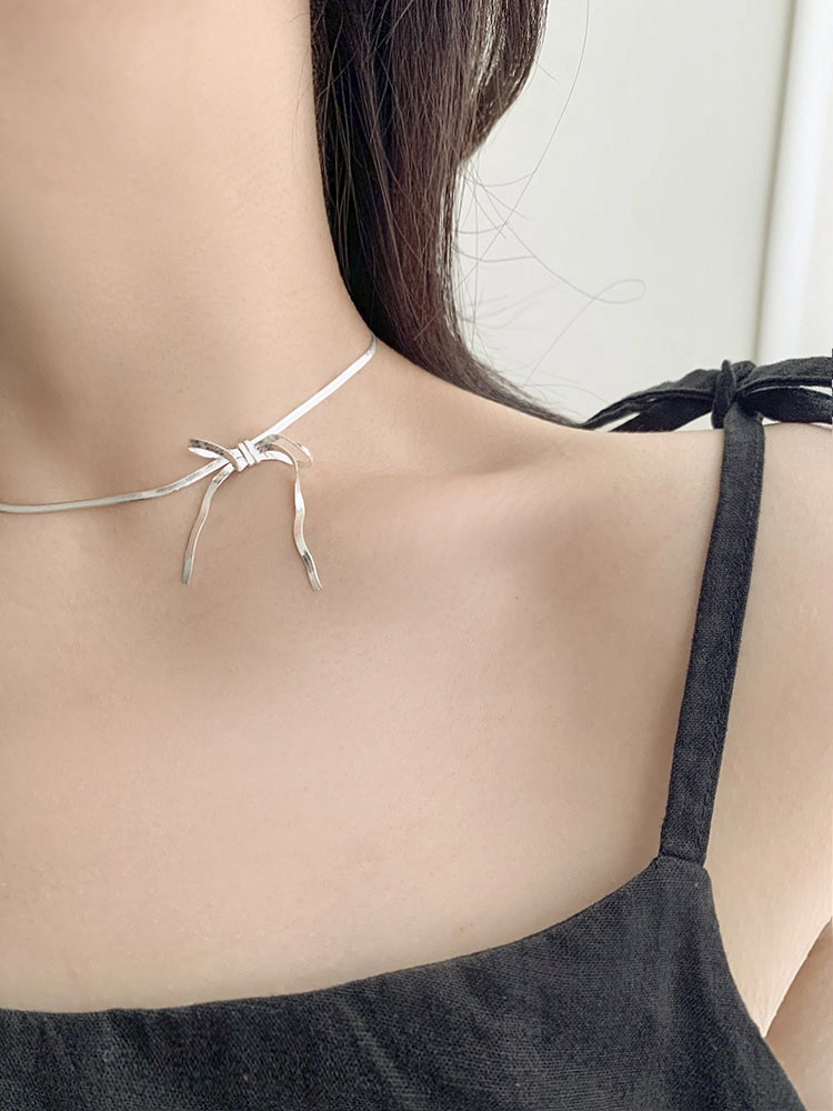 셀프러브 리본 네크리스 - 925 실버 초커 롱 스네이크 실키 뱀줄 짧은 은목걸이 - 상세 이미지 2