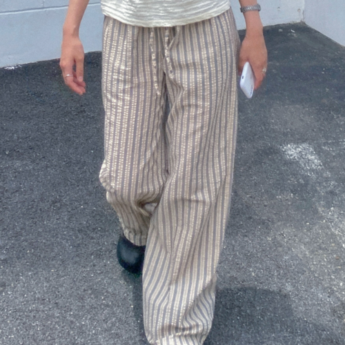 쁘렌디 스트라이프 와이드 밴딩 팬츠 시어서커 키작녀 바지 (숏/롱) - 상세 이미지 2