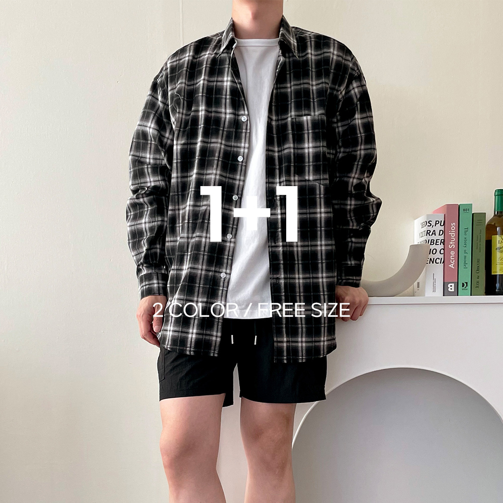 1+1 남녀공용 오버핏 그라데이션 체크 셔츠 - 메인 이미지