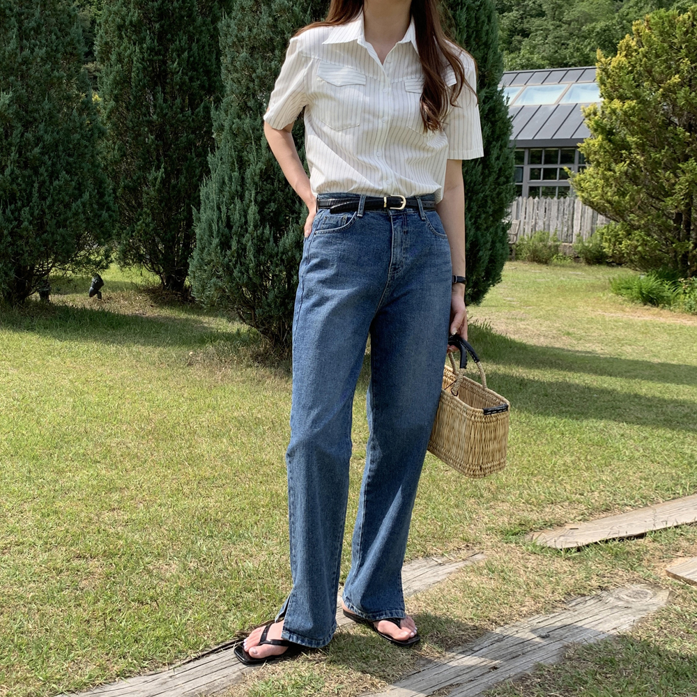 하이웨스트진 슬릿 일자 세미와이드 데님팬츠 진청 여성와이드청바지 여자청바지 통청바지 - 상세 이미지 4