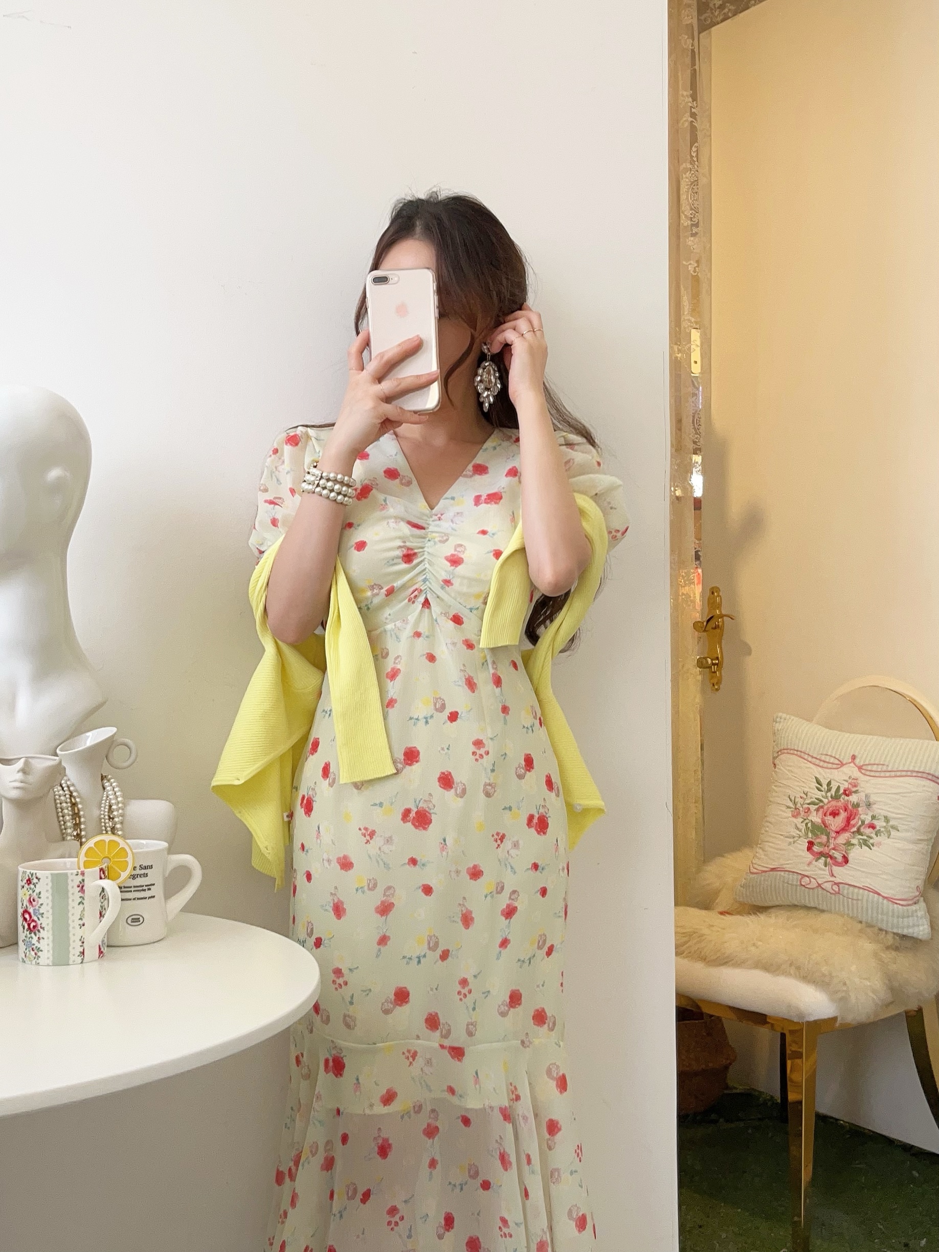 레모네이드 쉬폰 롱원피스 (머메이드,플라워,여름원피스,데일리룩,퍼프,셔링) [비비아레이디]