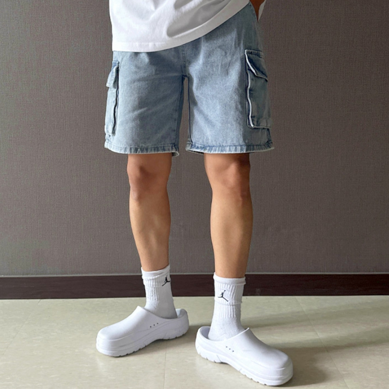 남자 파건 여름 버뮤다 와이드 카고 건빵 데님 반바지 쇼츠 - 상세 이미지 4