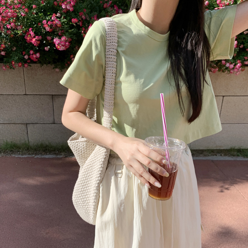 루즈핏 코튼 세미 여성 크롭티 탑 기본 여름 여자 티셔츠 면 라운드 썸머 우먼 반팔티