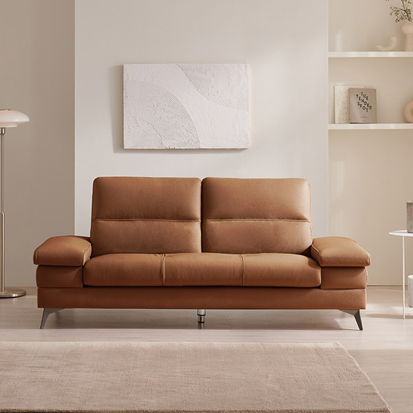 삼익가구 사이먼 통가죽 천연면피 소파 스툴미포함, 카멜, 3인용