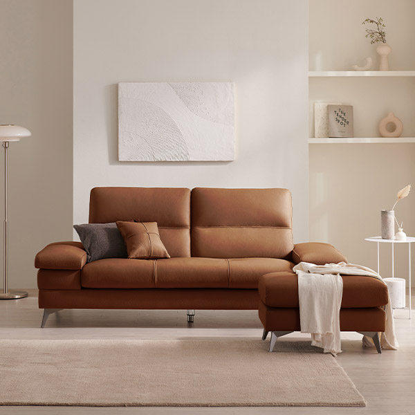 삼익가구 사이먼 통가죽 천연면피 소파 스툴포함, 카멜, 3인용