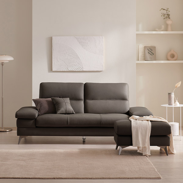 삼익가구 사이먼 통가죽 천연면피 소파 스툴포함, 머드그레이, 3인용