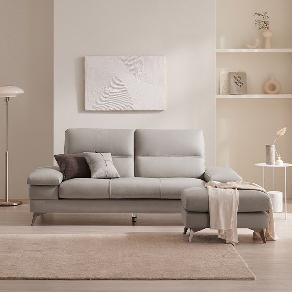 삼익가구 사이먼 통가죽 천연면피 소파 스툴포함, 라이트그레이, 3인용