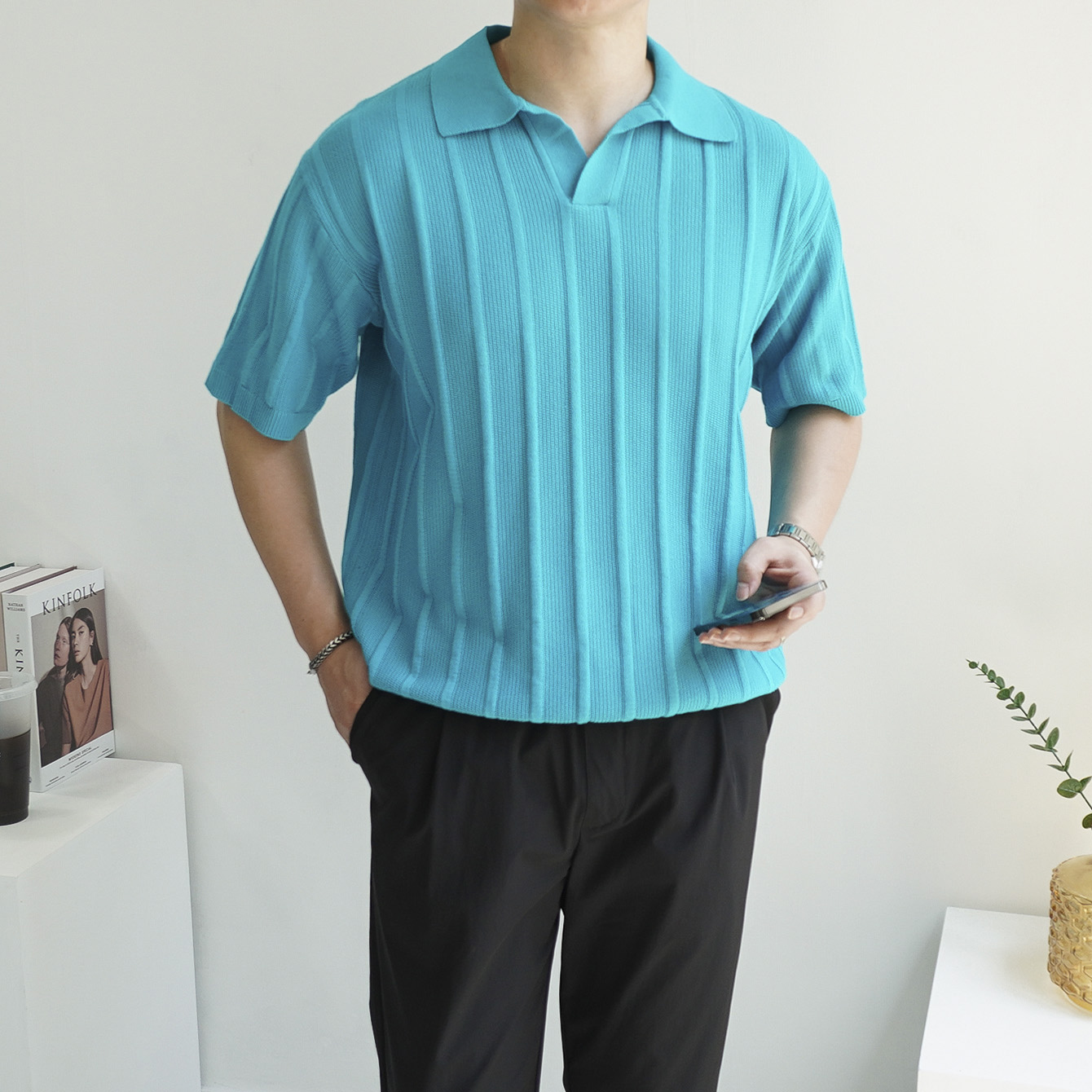 남자 프리미엄 오버핏 골지 스판 카라 반팔 니트 4color 이미지 8