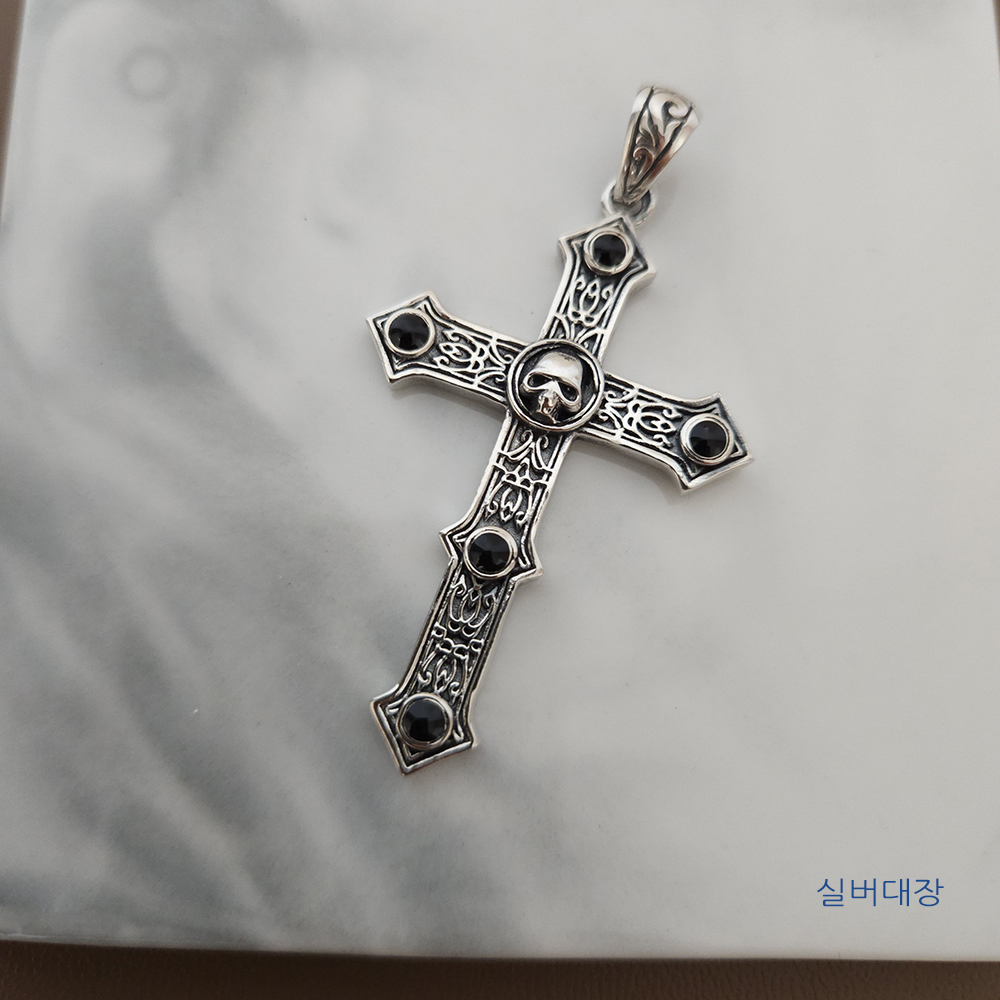 실버 925 십자가 빈티지 엔틱 큐빅 탄생석 작식 악세사리 은 목걸이 펜던트 - 상세 이미지 3