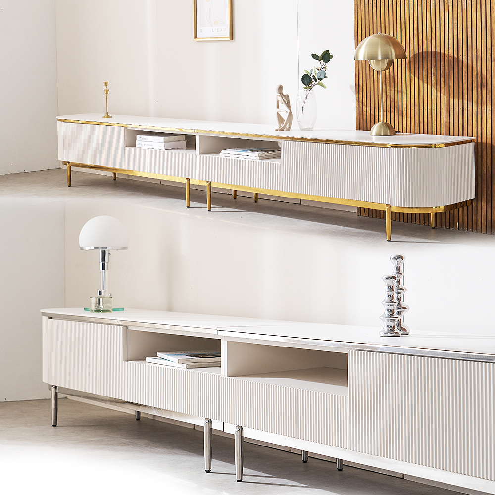 거실장 세라믹 98인치 100인치 템바보드 폭넓은 TV다이 티비장 3000, 화이트 실버