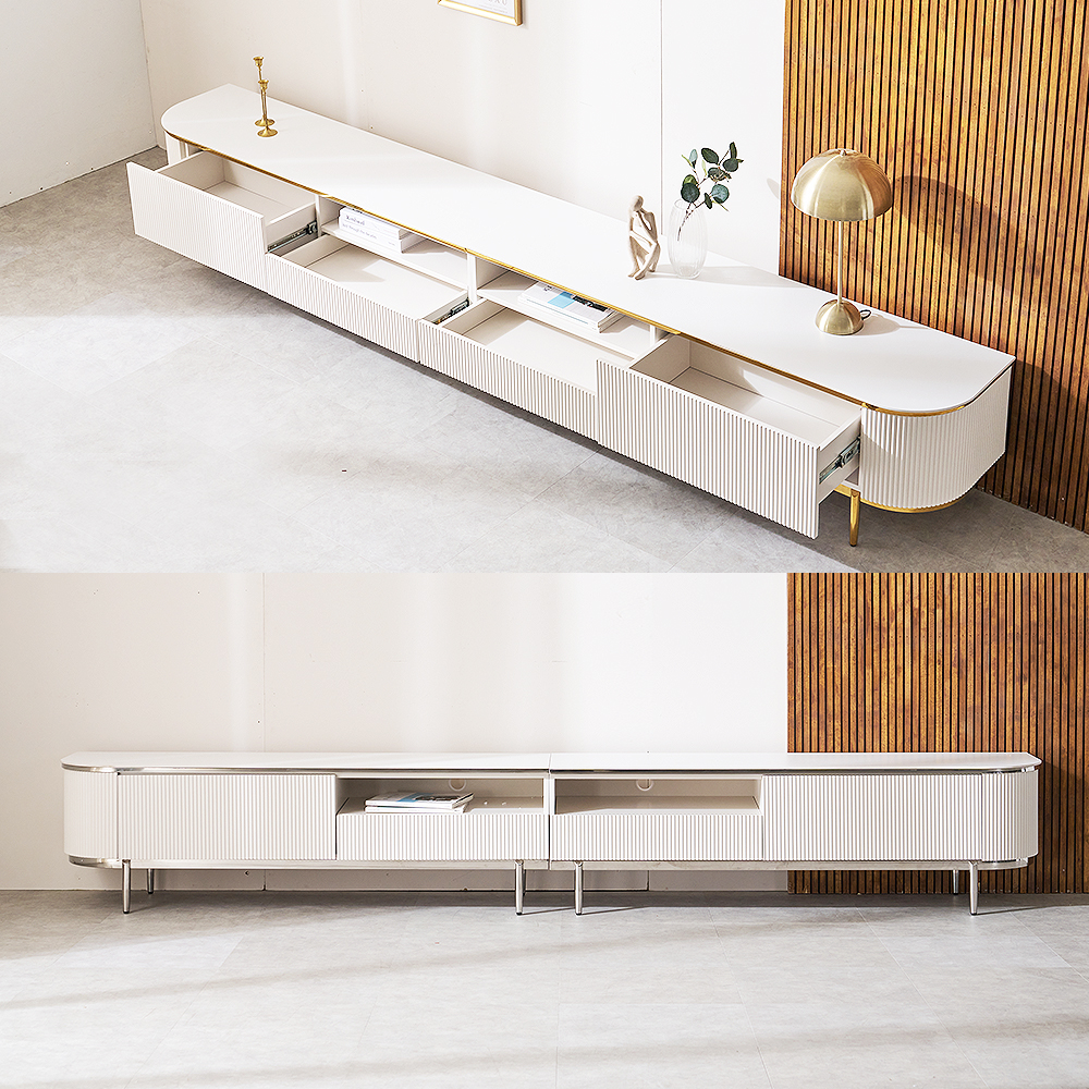 거실장 세라믹 98인치 100인치 템바보드 폭넓은 TV다이 티비장 3000, 화이트 실버