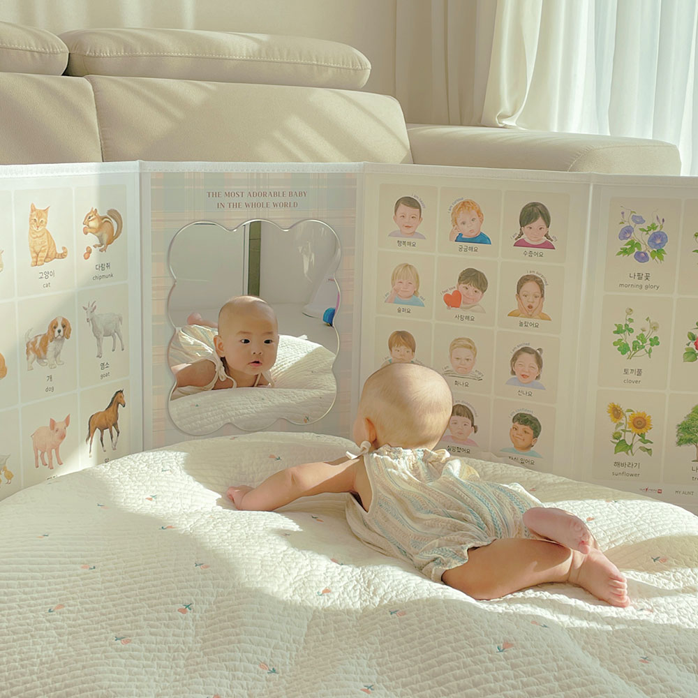 세이펜호환 아기병풍 쁘띠아코 완제품 신생아 터미타임 그린리프 5단 3mm 구름 거울 이미지 2