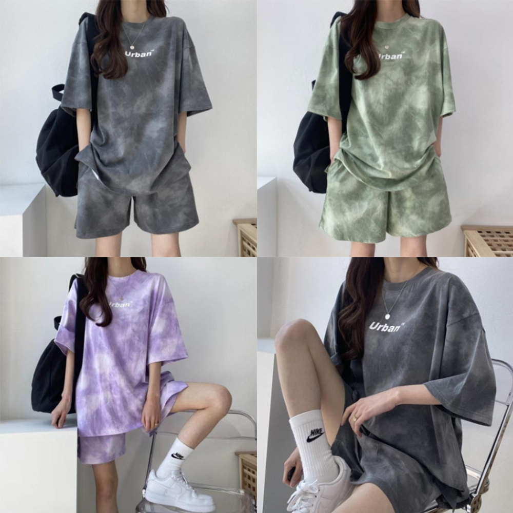 L-2XL 반팔 반바지 세트 여름 티셔츠 티 바지 나염 빅사이즈 츄리닝 여자 여성 상하의 이미지 1
