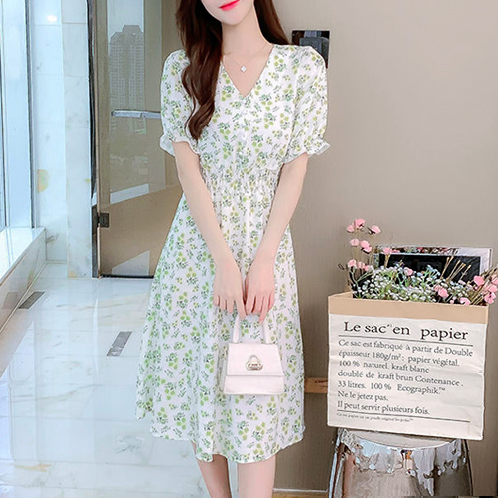 화이트 그린 잔꽃 롱원피스 플라워 키작녀 바스락 이미지 2