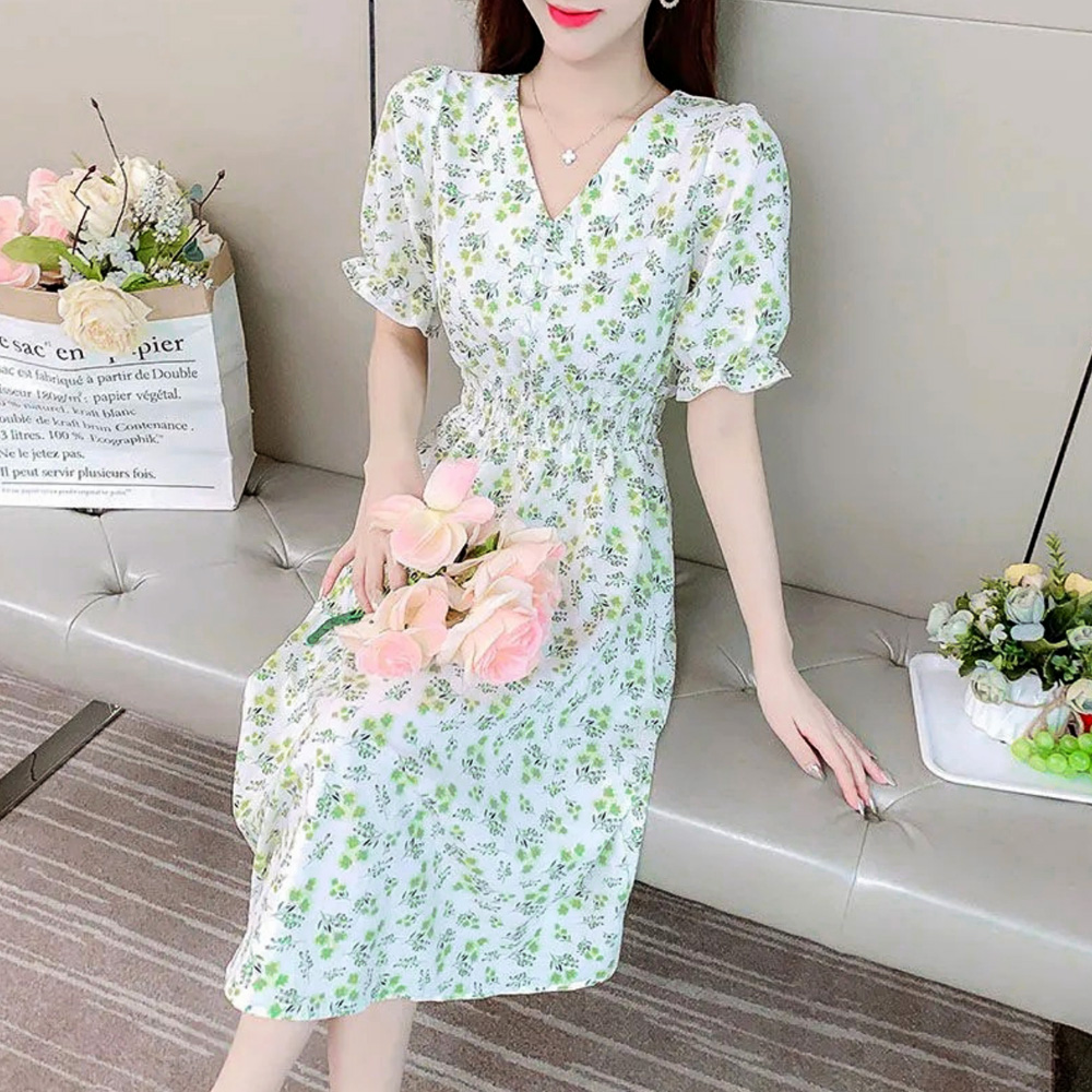 화이트 그린 잔꽃 롱원피스 플라워 키작녀 바스락 제품 이미지
