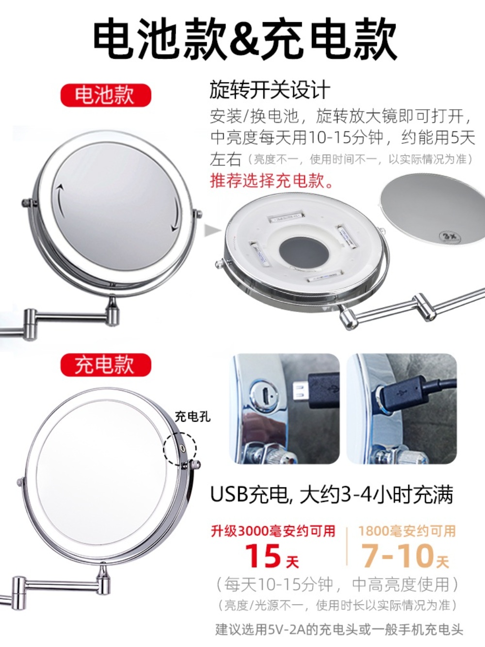 벽부착 LED거울 면도 메이크업 확대경 파우더룸 이미지 6