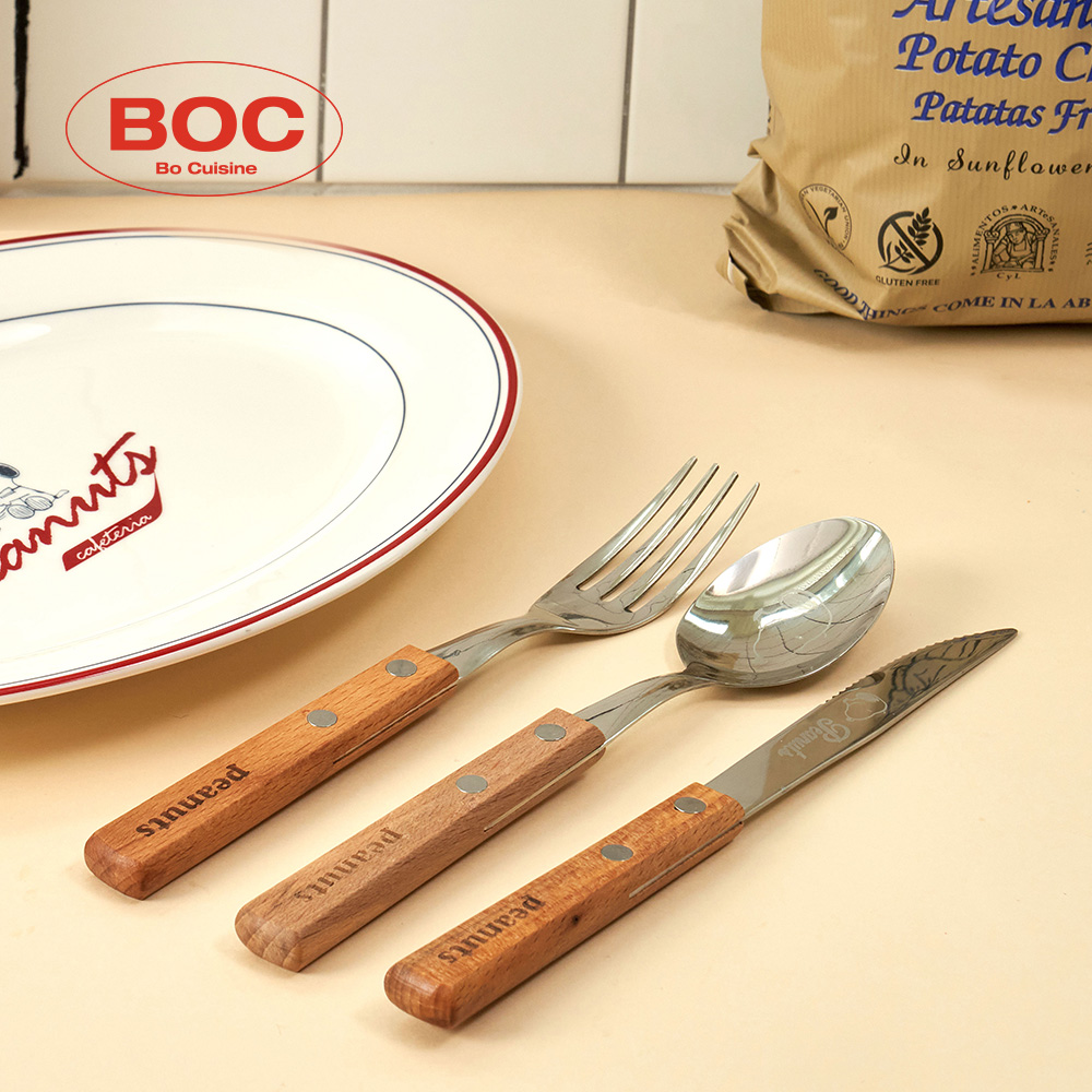 [보프렌즈] 스누피 우드핸들 커트러리 3종세트(수저+포크+나이프) 나무 손잡이 캠핑 카페