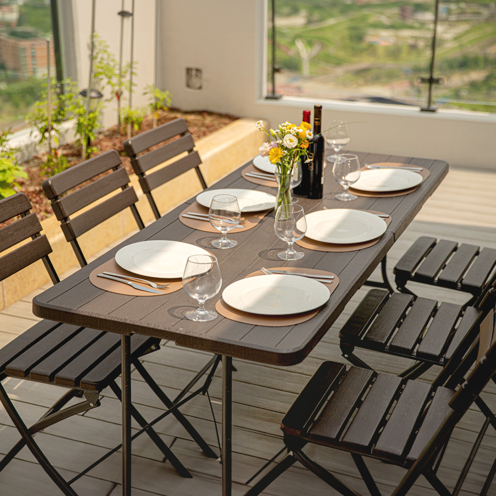 로티캠프 브로몰딩 간이 접이식 테이블 1800 + 의자 6개 세트 다크브라운