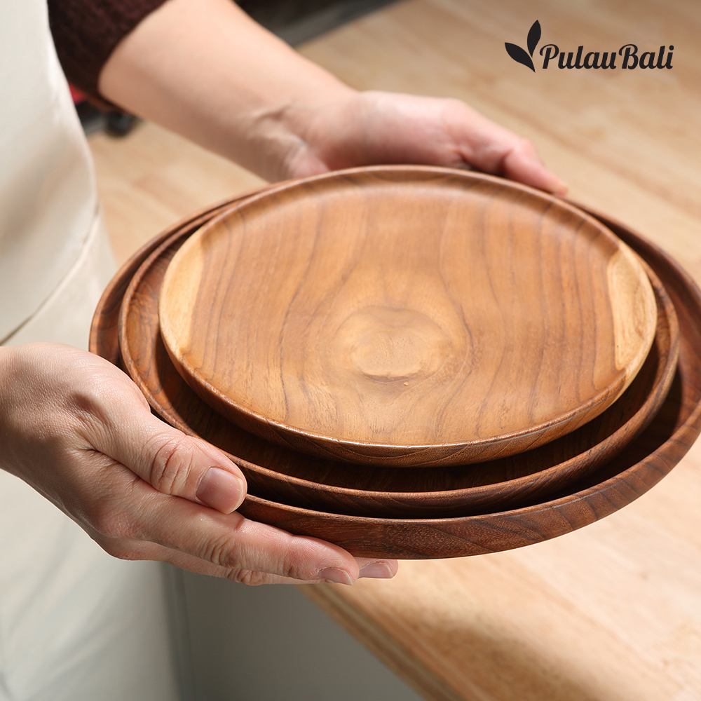 쁠라우발리 티크 나무 원형 납작 접시 우드 앞접시