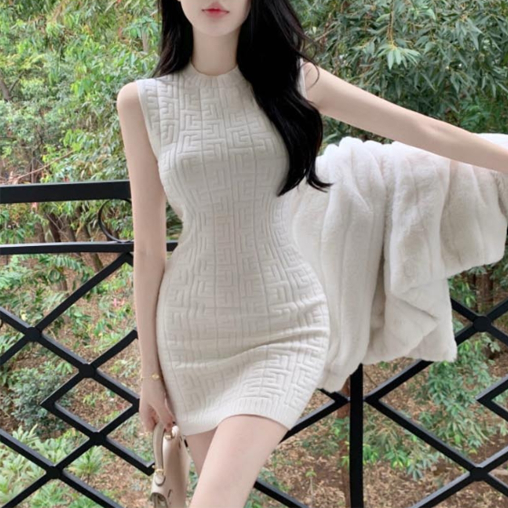여성 원피스 딱붙는 슬림핏 니트 골지 여자 민소매 나시 라운드넥 짧은 미니 예쁜 타이트 제품 이미지