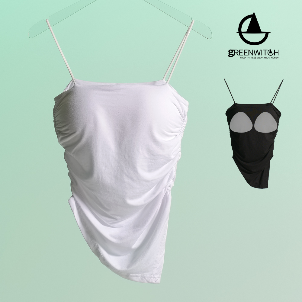 그리니치 쿠션볼륨패드 사선크롭브라탑 끈나시 캡나시 요가복 - 상세 이미지 2