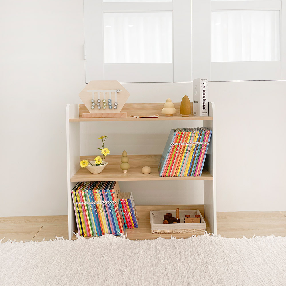 심플룸 올인원 전면 책장 교구장 아기 3단 오크+화이트 아이 어린이 낮은
