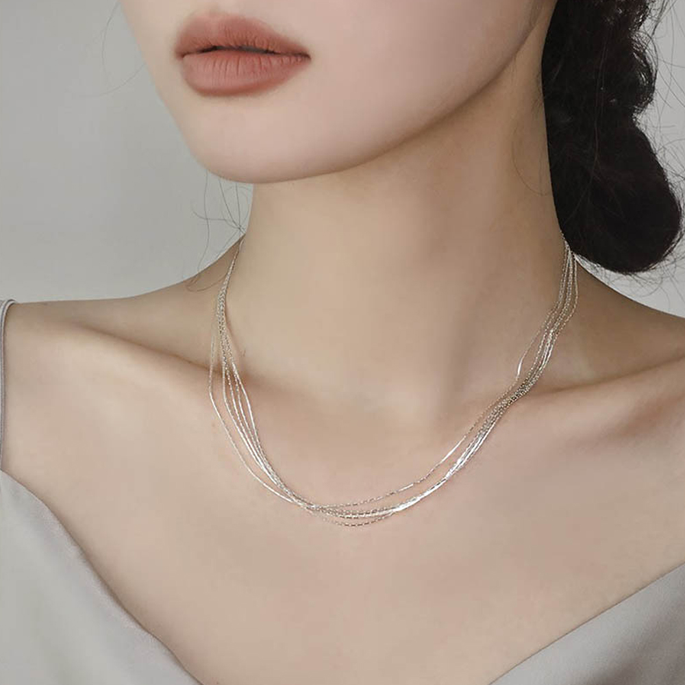 실버 925 슬림 레이어드 뱀부 체인 은 목걸이 N086 - 상세 이미지 3