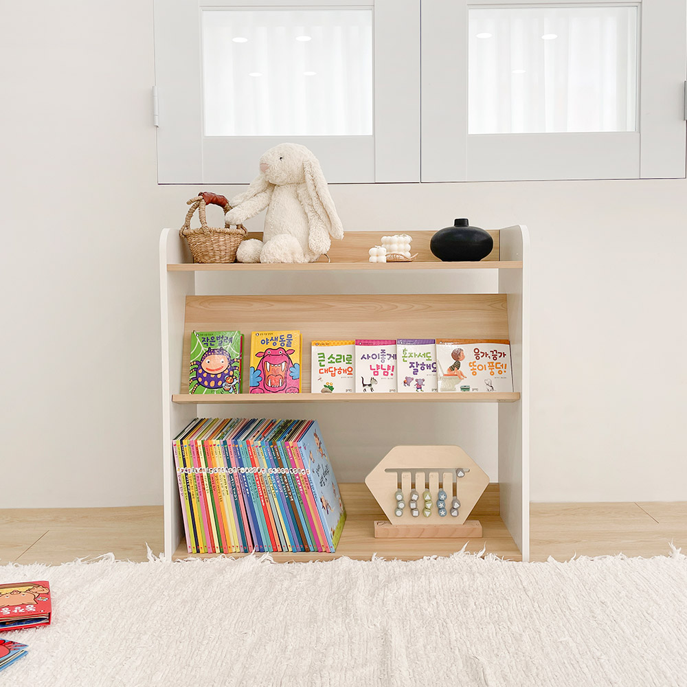 심플룸 올인원 전면 책장 교구장 아기 3단 오크+화이트 아이 어린이 낮은
