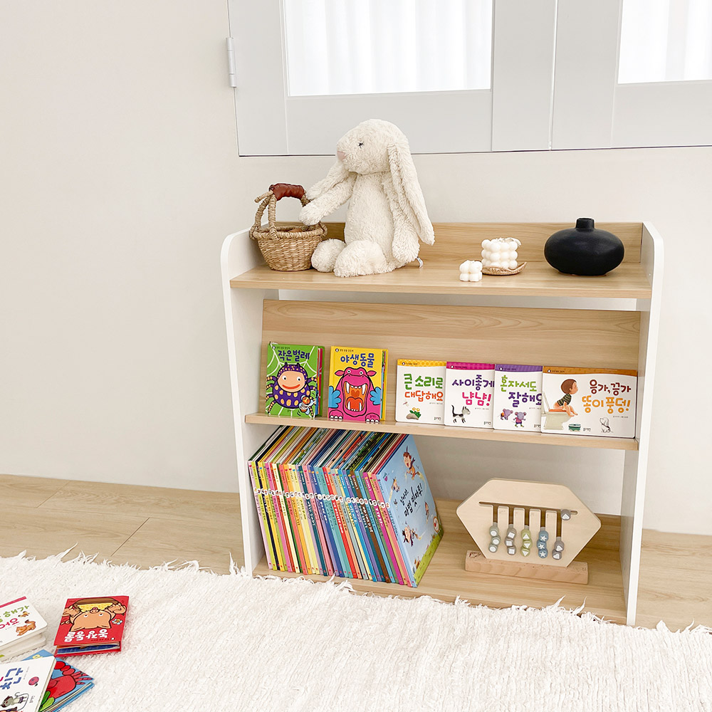 심플룸 올인원 전면 책장 교구장 아기 3단 오크+화이트 아이 어린이 낮은