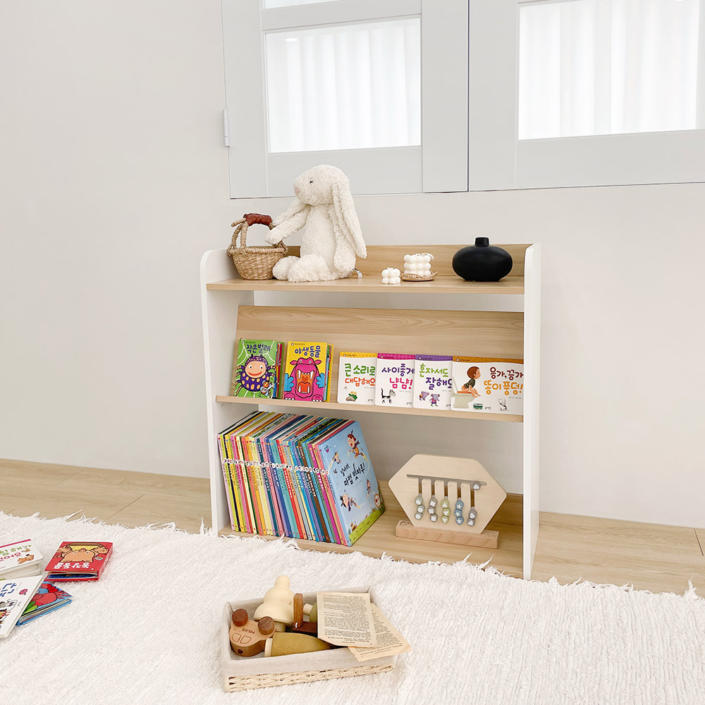 심플룸 올인원 전면 책장 교구장 아기 3단 오크+화이트 아이 어린이 낮은