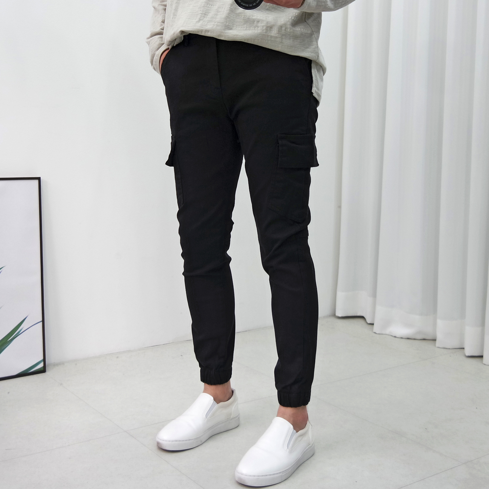 남자 스판 슬림 반밴딩 카고 조거 팬츠 빅사이즈 S-3XL 이미지 4