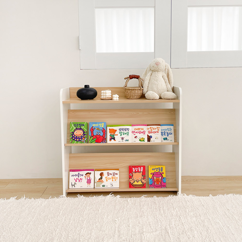 심플룸 올인원 전면 책장 교구장 아기 3단 오크+화이트 아이 어린이 낮은
