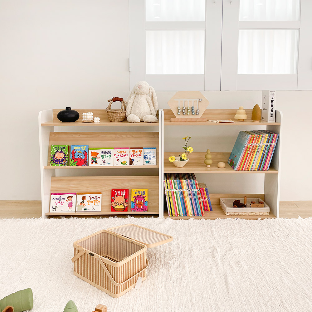 심플룸 올인원 전면 책장 교구장 아기 3단 오크+화이트 아이 어린이 낮은