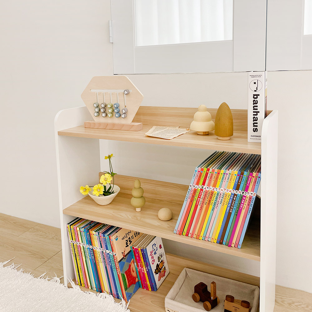 심플룸 올인원 전면 책장 교구장 아기 3단 오크+화이트 아이 어린이 낮은