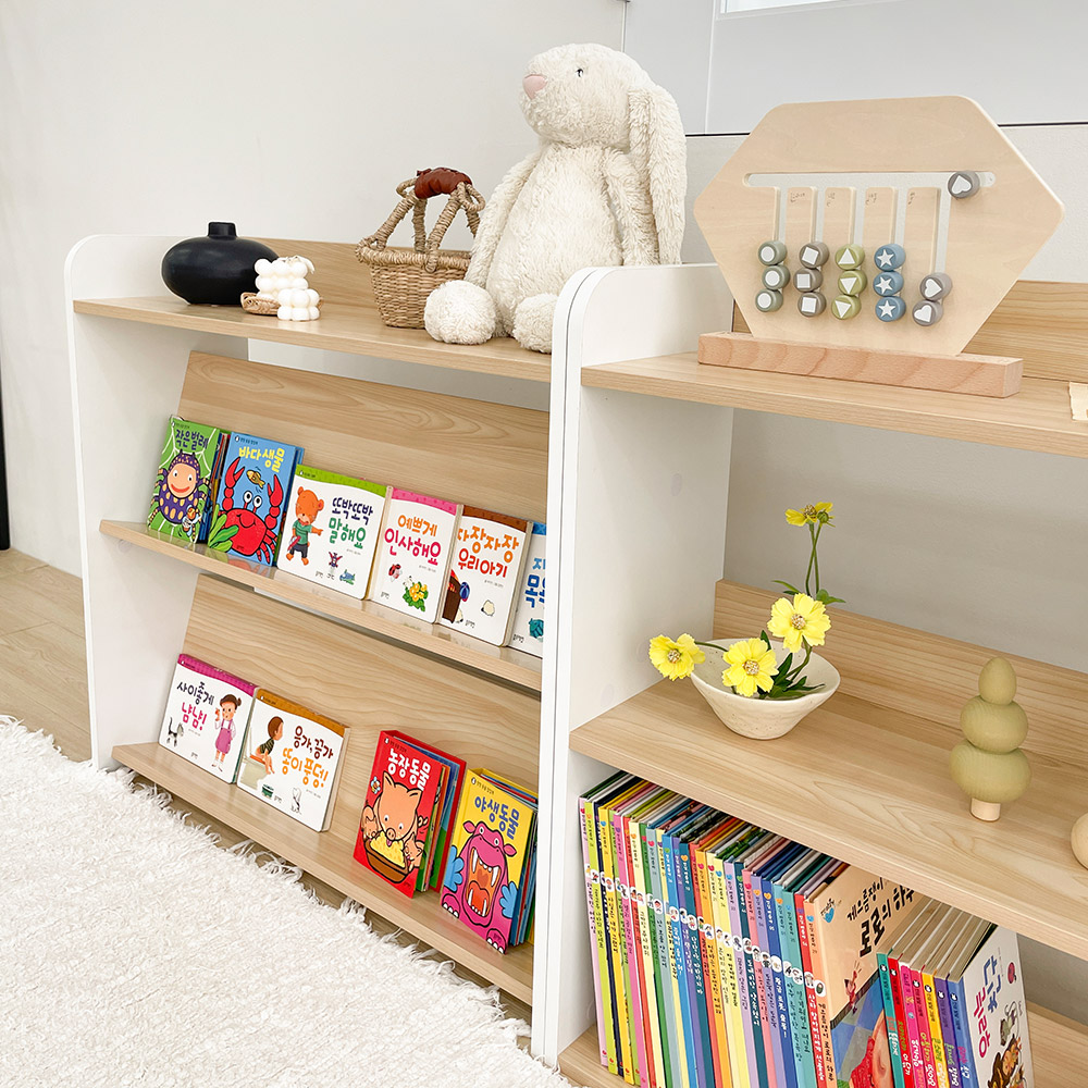 심플룸 올인원 전면 책장 교구장 아기 3단 오크+화이트 아이 어린이 낮은