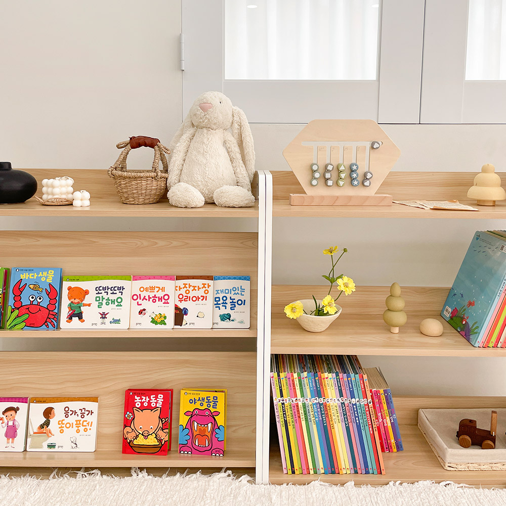 심플룸 올인원 전면 책장 교구장 아기 3단 오크+화이트 아이 어린이 낮은
