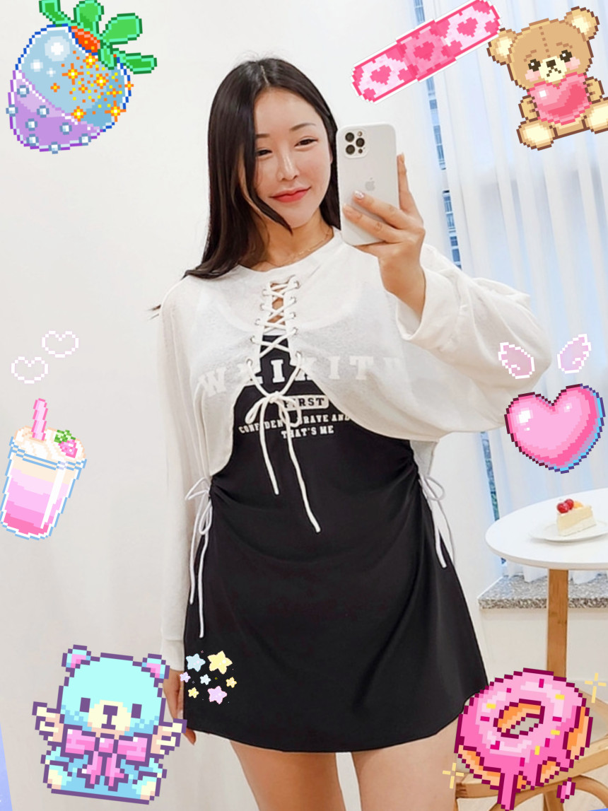 [XL-5XL/빅사이즈] 볼레로 3피스 세트 원피스 수영복 체형커버 긴팔 시스루 아일렛 래쉬가드 + 커버업 + 반바지 상세 이미지 2
