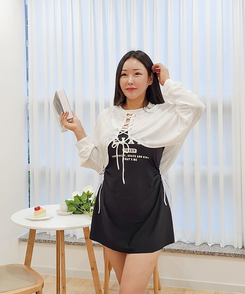 [XL-5XL/빅사이즈] 볼레로 3피스 세트 원피스 수영복 체형커버 긴팔 시스루 아일렛 래쉬가드 + 커버업 + 반바지 상세 이미지 12